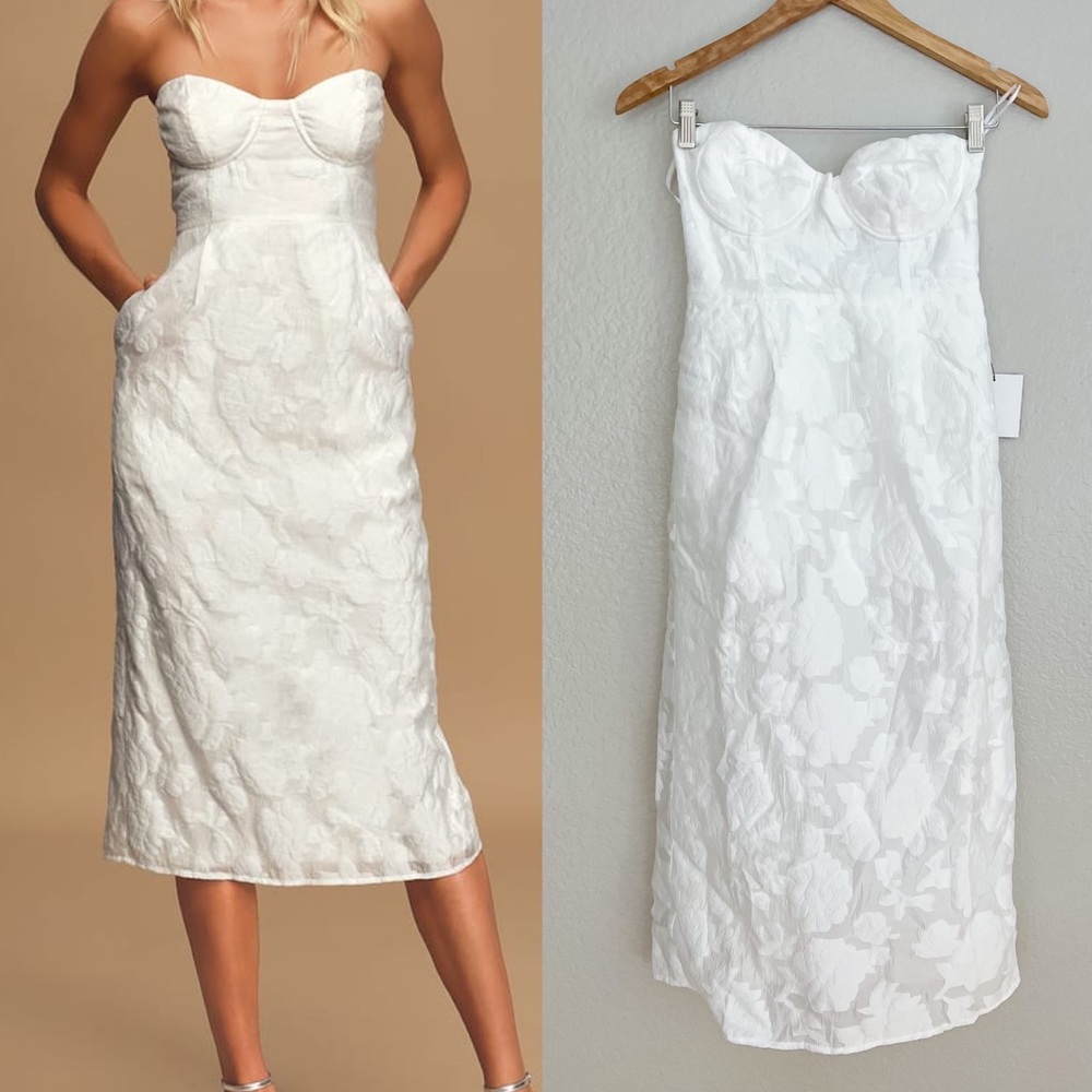White Floral Jacquard Strapless Midi Dress S NWT